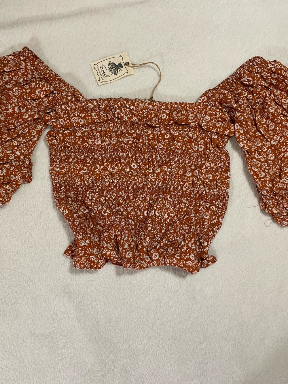 Smocked Off-Shoulder Floral Crop Top - Rust Floral